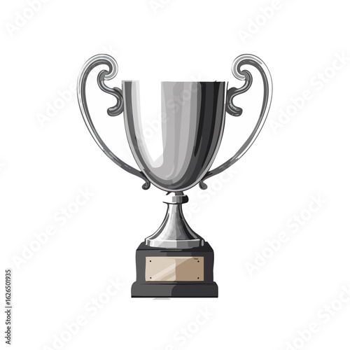 Silver trophy cup illustration with ornate handles on a black backdrop for winning or achievements