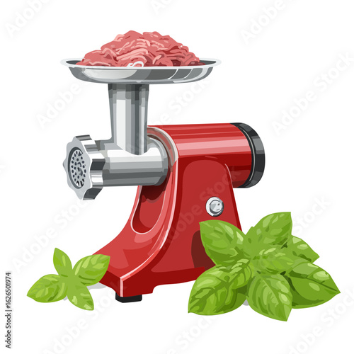 Red meat grinder with ground meat and basil on a black background, culinary illustration.