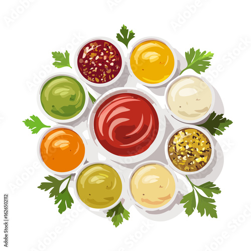 Variety of sauces in white bowls with parsley garnish on black background. Condiments include ketchup, mustard, mayo, avocado dip.