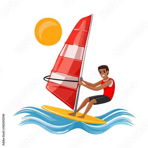 Illustration of a windsurfer sailing on blue waves with a red sail under the sun on a black background.