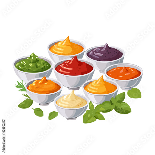Assortment of Colorful Sauces and Dips in Bowls with Herbs, Different Flavors, Culinary Variety, Food Illustration