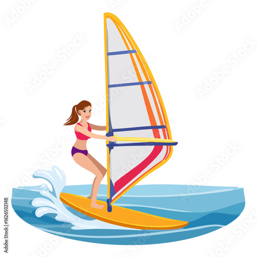 Woman windsurfing on the water. Active lifestyle, extreme sport and water activity illustration.