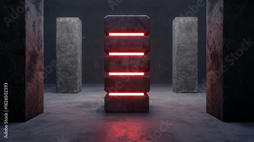 Futuristic stone structure with glowing elements in a dark environment.