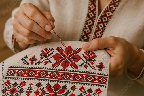 Hands meticulously embroidering a vibrant Ukrainian floral pattern, showcasing the skill and artistry.
