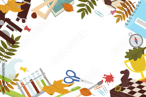 Autumn-themed vector illustration featuring a creative frame of school supplies like scissors, rulers, and notebooks, accented by leaves, a chess piece, and a compass on a white background.