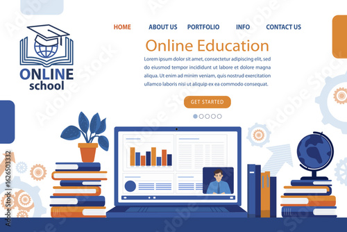Vector illustration depicting an online education platform interface. The image features a laptop displaying a virtual lesson with graphs and video call, surrounded by educational elements.