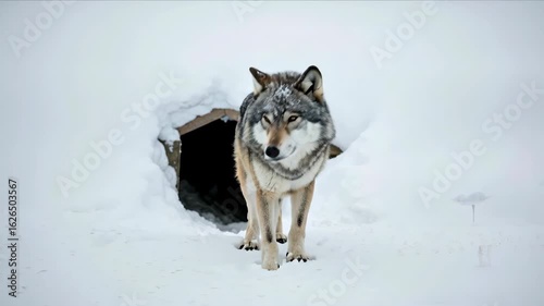 Wolf emerging from snow den opening with alert expression in winter wilderness setting. Arctic wildlife concept for nature documentaries, cold weather adaptation and wolf behavior studies