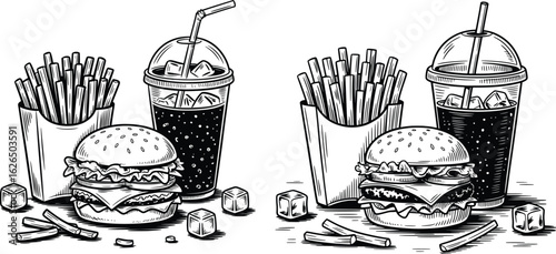 Burger, Fries, and Soda Vector Set, Fast Food Meal Illustration.