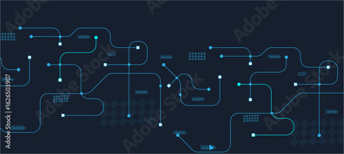 
Abstract digital AI circuit board background with tech icons. Digital technology motherboard texture design.