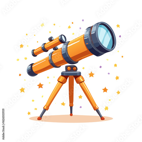 Cartoon Orange Telescope on Tripod Observing Sparkling Starry Night Sky Adventure Astronomy