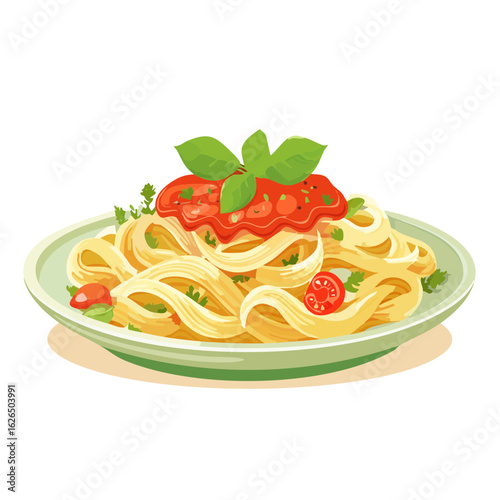 Pasta dish illustration spaghetti with tomato sauce and basil leaves on plate delicious italian cuisine cartoon style