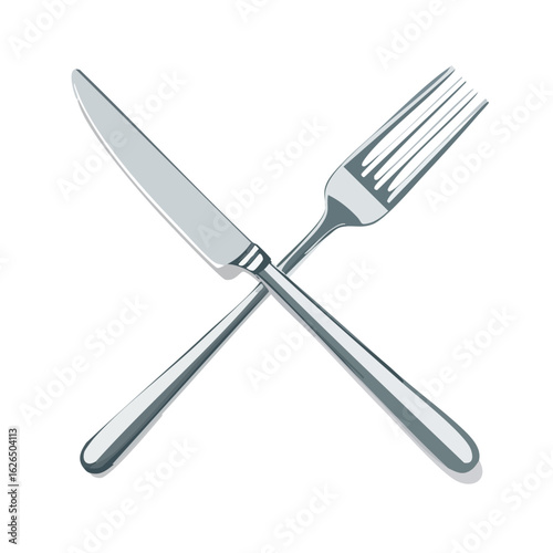 Crossed metal silverware flatware knife and fork kitchen utensils dining equipment cuisine restaurant illustration