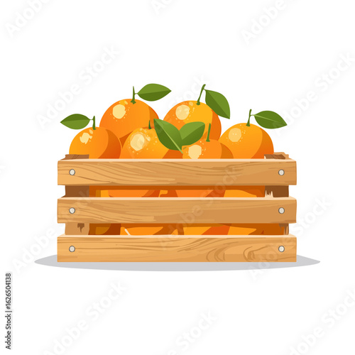 Fresh Ripe Oranges Filled in a Wooden Crate Harvested Citrus Fruit with Green Leaves Healthy Food Vector Illustration