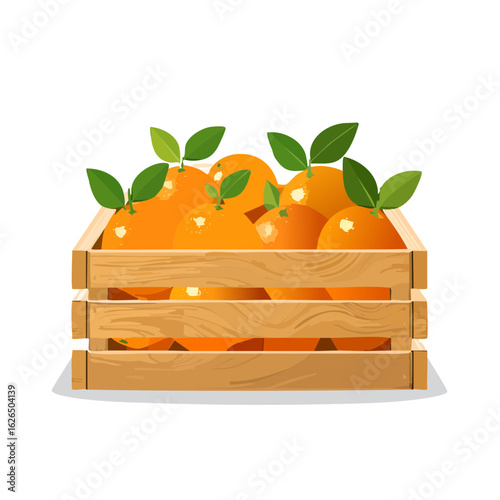 Wooden crate filled with fresh oranges with green leaves abundance of citrus fruits harvest