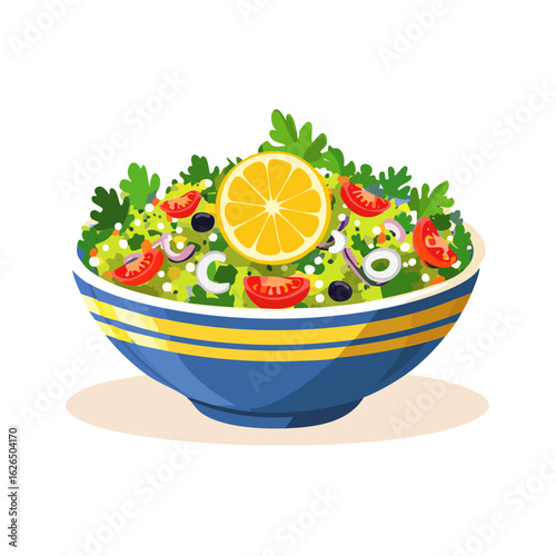 Colorful Salad in a Bowl with Lemon, Tomatoes, Olives, and Onion Rings