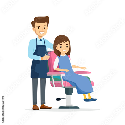 Happy barber cutting a young girl's hair in a barber shop cartoon style illustration