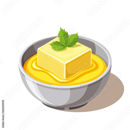 Butter cube melts into savory sauce with fresh mint garnish in white bowl