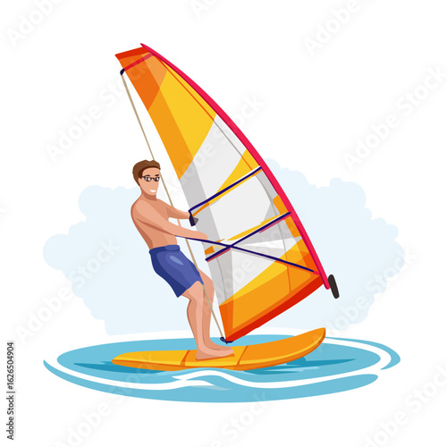 Man Windsurfing on Water, Summer Fun, Recreational Watersport Activity