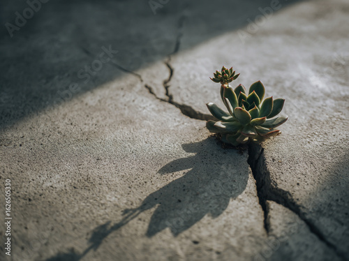 Succulent plant growing through the crack of a concrete floor.