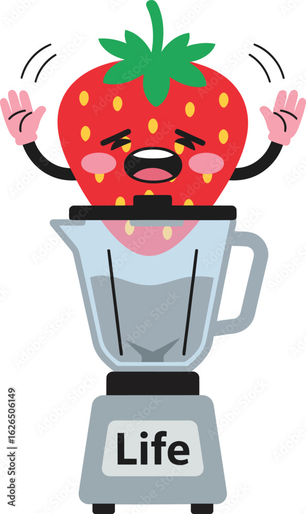 Obraz premium Funny Strawberry Character in Blender – Life Crushing Meme Vector Illustration