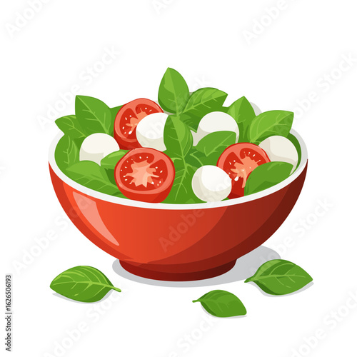 Illustration of Caprese salad in red bowl with basil leaves and tomatoes