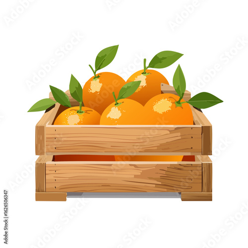 Fresh oranges with green leaves in a wooden crate illustration Citrus fruit harvest organic produce vibrant color