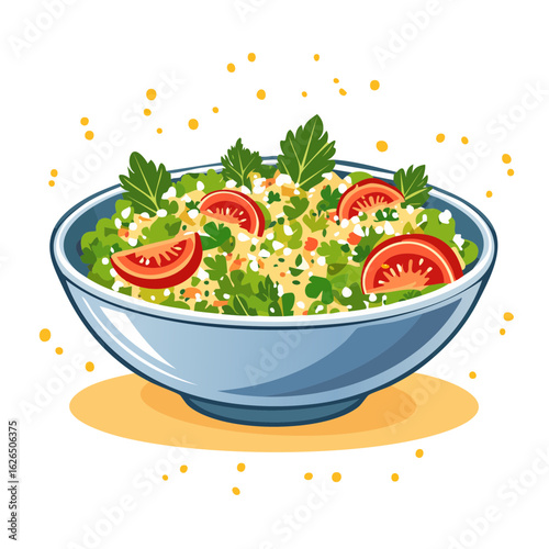 Bowl of Tabbouleh Salad with Tomatoes and Parsley, Vegetarian Cuisine, Healthy Food, Illustration Style, Light Blue Bowl