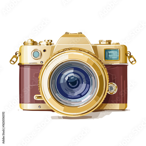 Vintage golden camera with red leather illustration against black background, photography equipment, old fashioned gadget