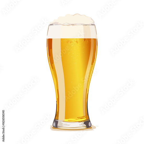 Tall pilsner beer glass with golden liquid and foamy head on black background