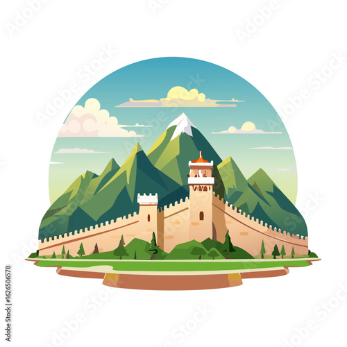 Cartoon illustration of a fortified wall with turrets in a mountain landscape