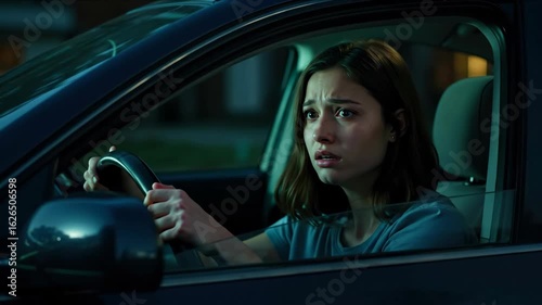 Woman driving car at night looking worried and stressed. Nighttime driving anxiety for road safety and automotive insurance promotional campaigns