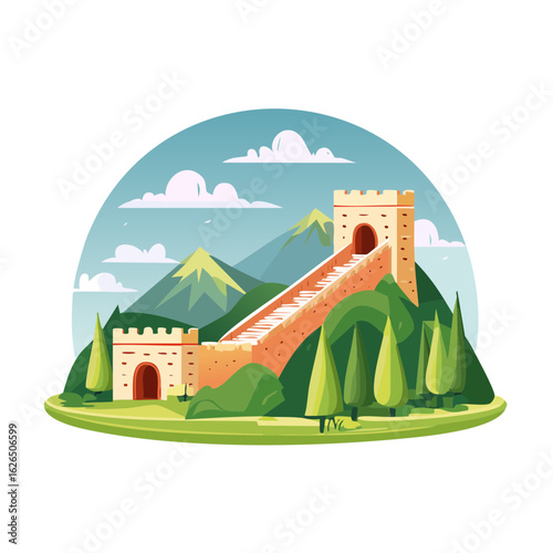 Ancient wall winds across verdant hills to a mountain peak, with trees and blue sky landscape illustration.
