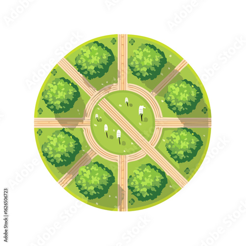Circular Green Park View with Walking Paths and People Enjoying Recreational Activities