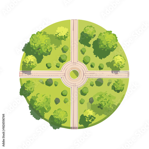 Overhead park view with pathways trees and greenery creates round nature landscape design