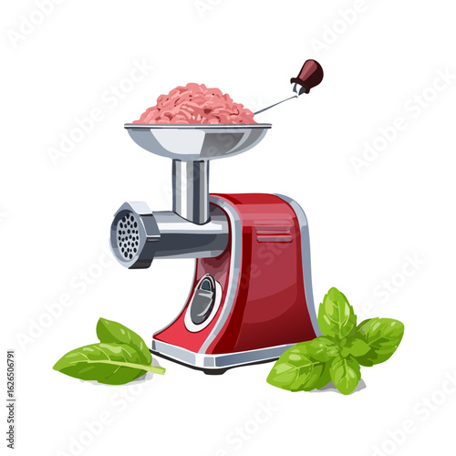 Red meat grinder illustration with ground meat and basil, food preparation kitchen tool