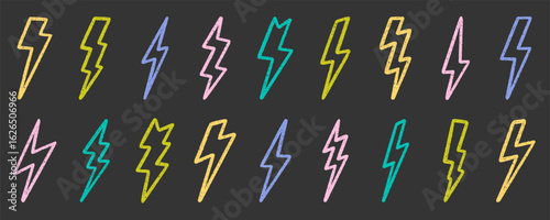 Crayon thunder doodle set. Chalk pencil lightning in sketch style. Hand drawn vector illustration isolated on black background.