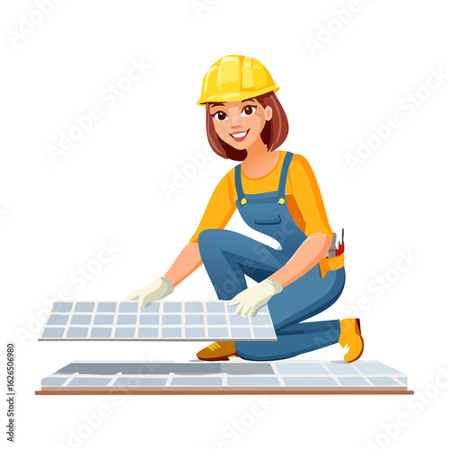 Female Worker Installing Solar Panels Cartoon Style Energy Industry Concept