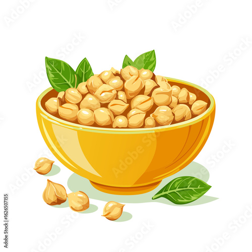 Chickpeas in a yellow bowl with basil leaves, a vegan protein-rich food illustration against a black background