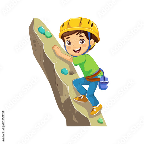 Young boy climbing a rock wall, wearing a helmet and harness in a cartoon style illustration.