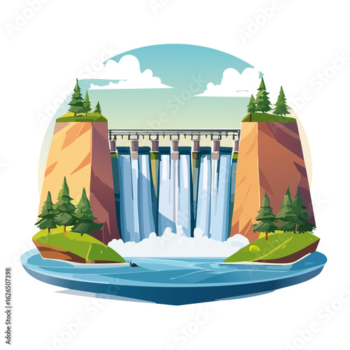 Hydroelectric dam illustration scenic waterfall power plant nature scene