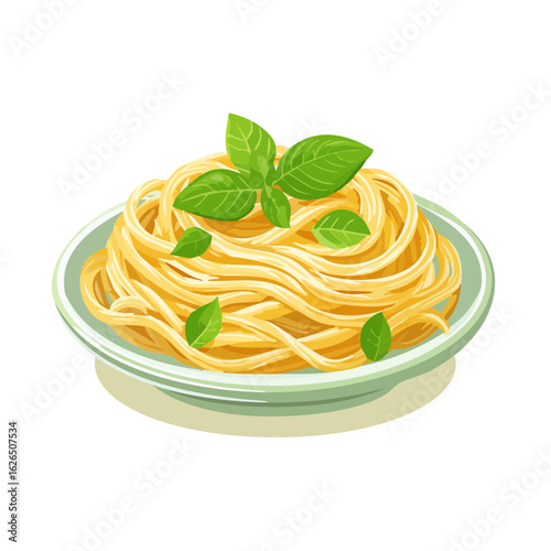 Pasta twirls on plate with basil leaf garnish. Italian food, noodles, carbohydrates. Dinner, lunch, meal, restaurant. Cuisine, gourmet, illustration.