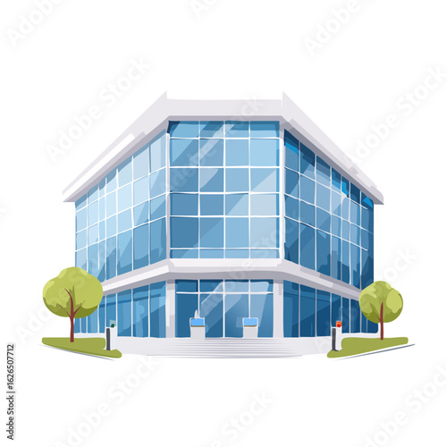 Modern Glass Office Building Illustration with Trees and Minimalist Design for Business and Architecture Concepts