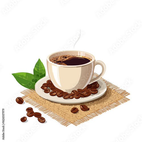 Cup of black coffee illustration with roasted beans and coffee leaves on a burlap napkin