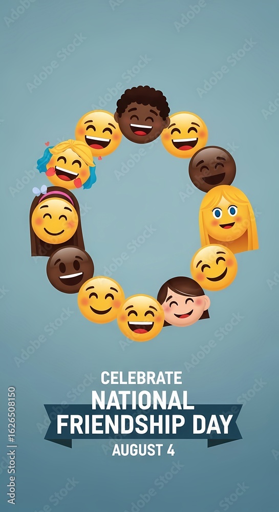 Fototapeta premium Celebrate national friendship day with diverse emoji faces in a cheerful circle arrangement