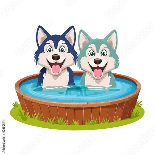 Cartoon Dogs Relaxing in a Tub of Water Illustration Animated Canine Friends Swimming in a Hot Tub
