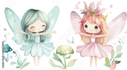 Two adorable watercolor fairies with delicate wings and flower accents in a whimsical garden