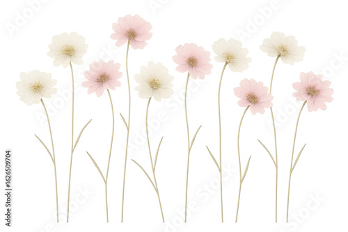 Delicate pink and white cosmos flowers growing on transparent background