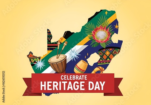 Celebrate heritage day with south african map and cultural symbols for festive design
