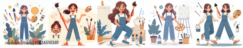 Cartoon Girls Painting in Art Studio – Creative Children Vector Illustration with Brushes and Canvas