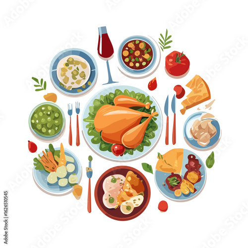 Festive Thanksgiving Dinner Arrangement Roasted Chicken Vegetables and Wine